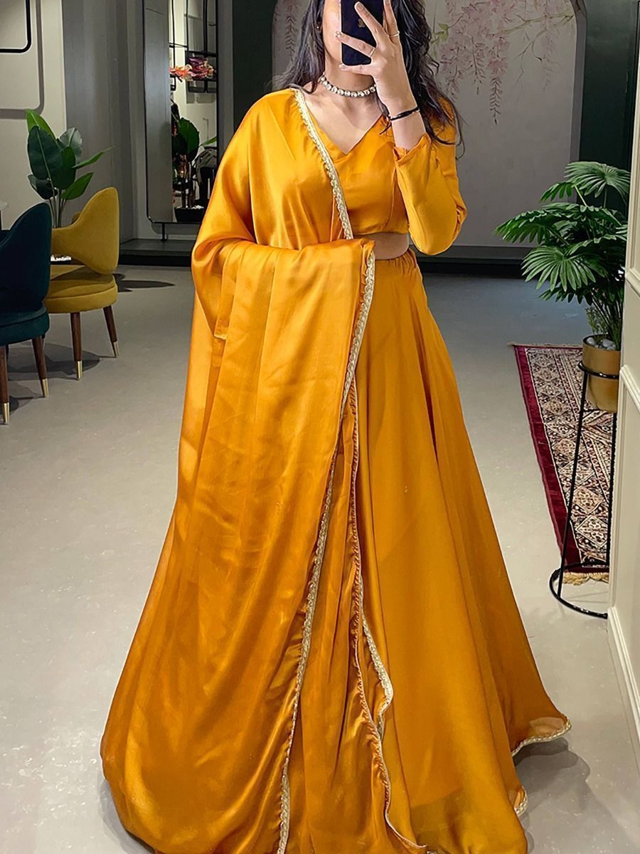 Fascinating Yellow Silk Lace Border Haldi Wear Lehenga choli