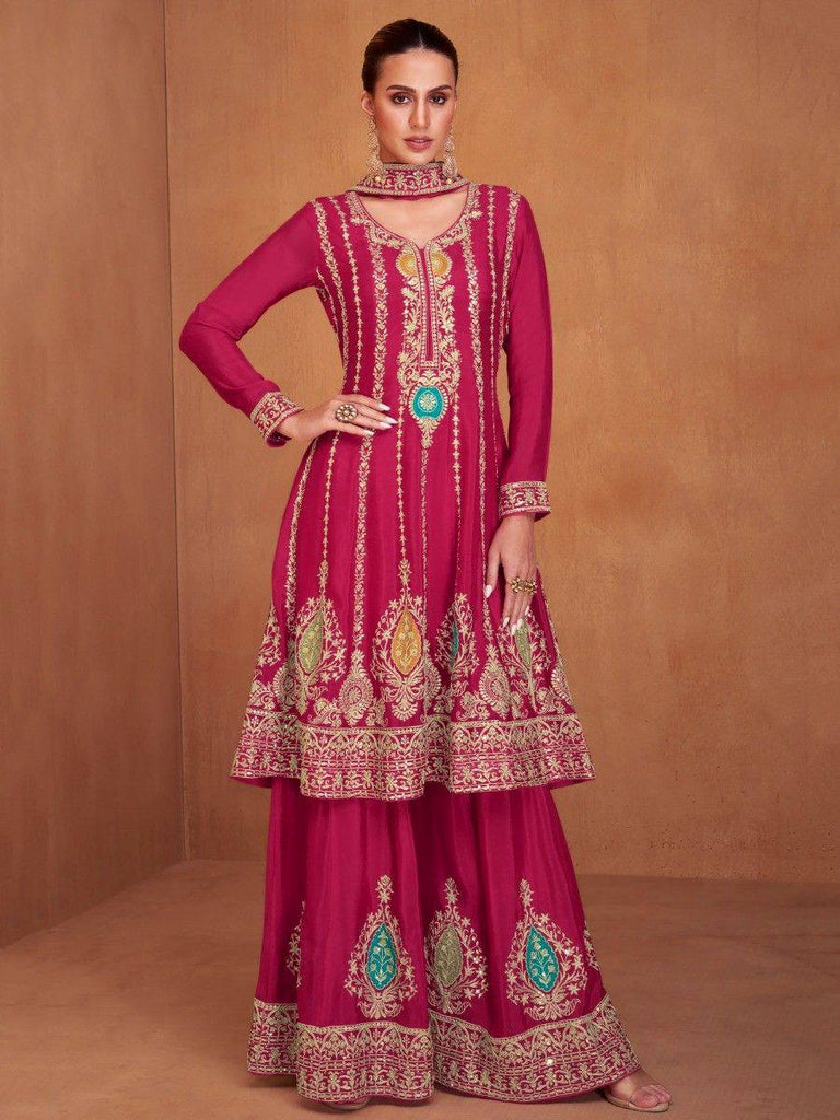 Elegant Embroidered Pink Chinon Suit Set with Sharara & Dupatta