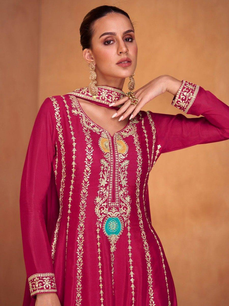 Elegant Embroidered Pink Chinon Suit Set with Sharara & Dupatta