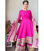 Party Wear Pink Taffeta Silk Top Palazzo With Thread Sequence Work With Soft Net Dupatta For Women, Pink Top Palazzo, Pakistani Top Palazzo