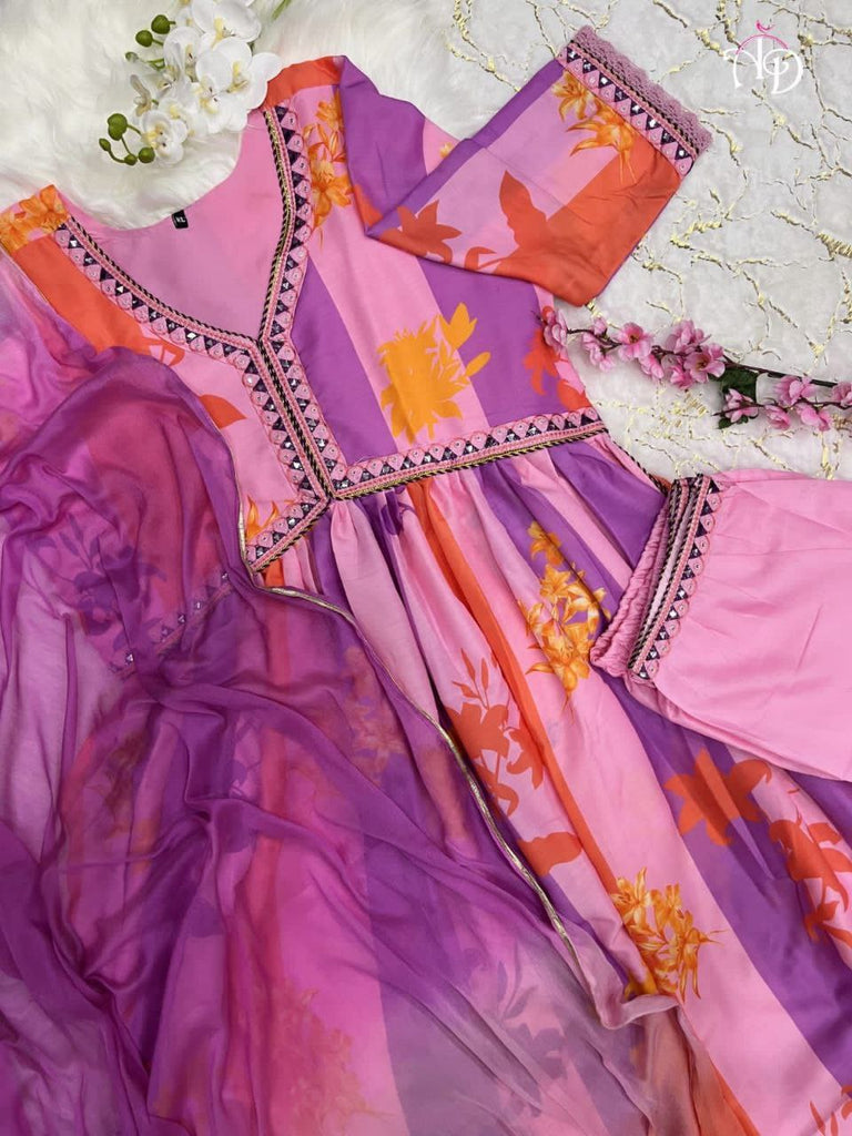 Stunning Pink & Purple Alia Cut Muslin Suit Set with Hand Embroidery & Digital Shine
