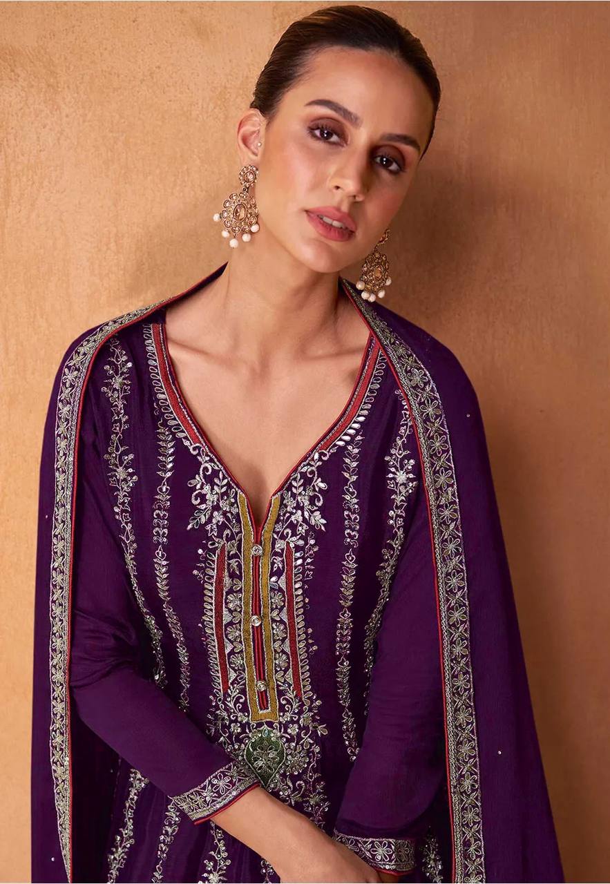 Stunning Purple Embroidered Chinon Salwar Suit Set with Dupatta