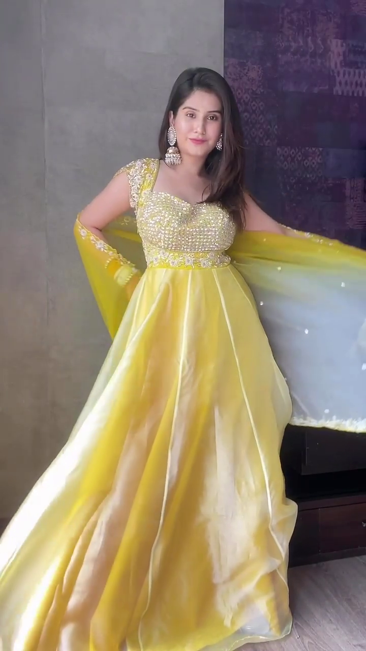 Mustard Yellow Sequins Embroidered Organza Gown