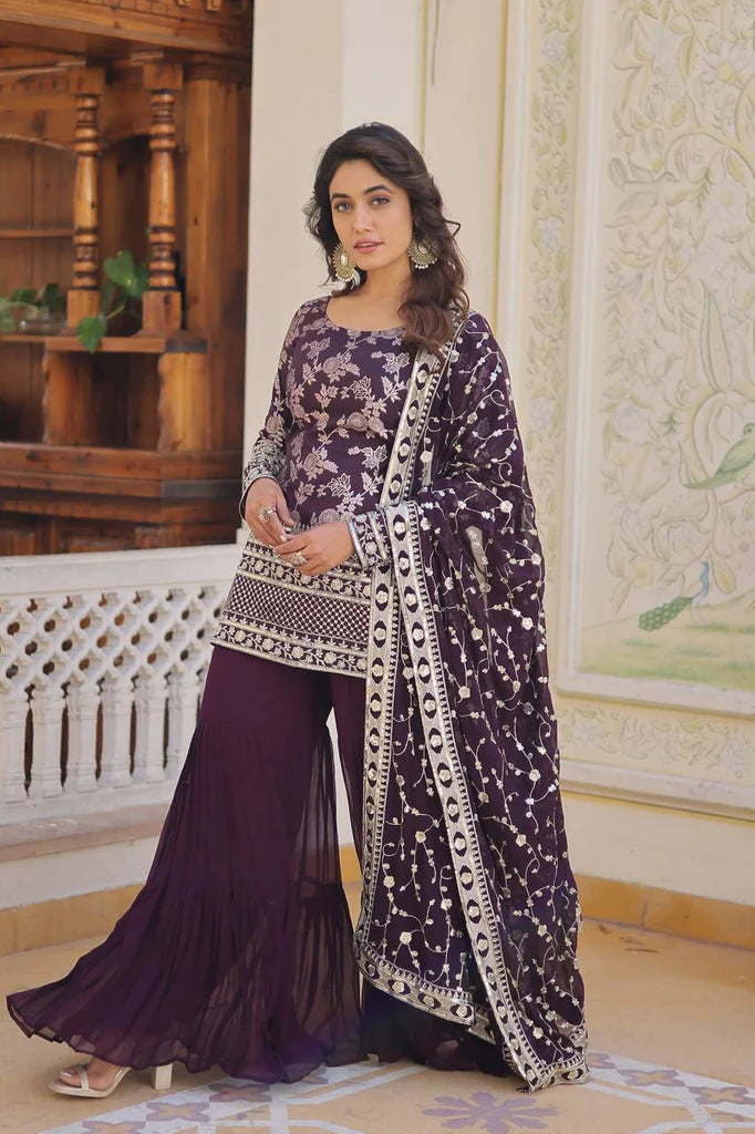 Wine Faux Blooming Sequins & Zari Embroidered Readymade Gharara Suit Set