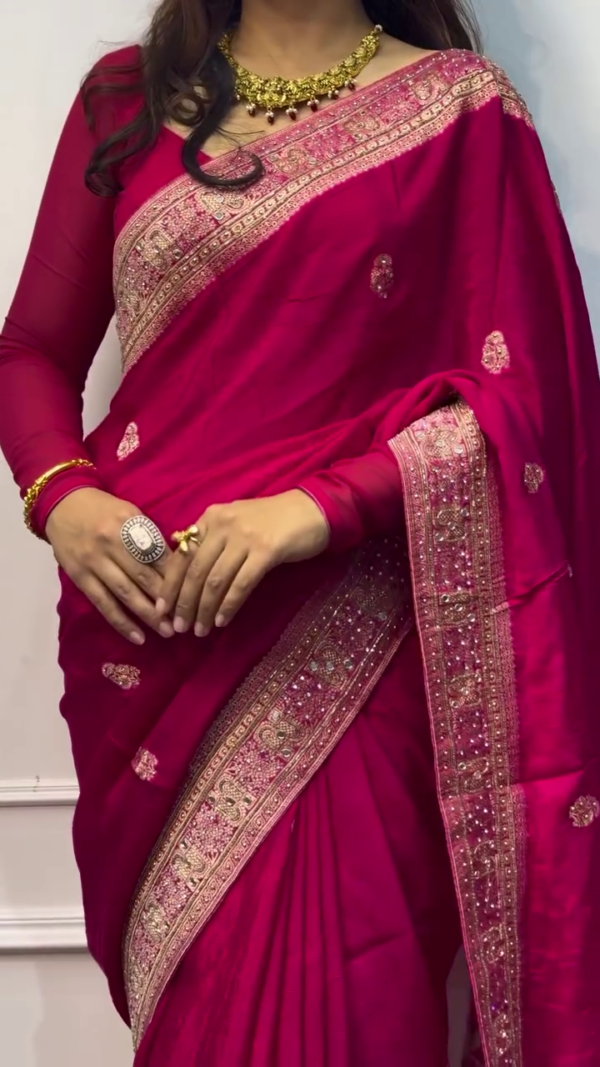 Embellished Bollywood Jacquard Pink  Ethnic Motifs Poly Printed Georgette Saree With Blouse