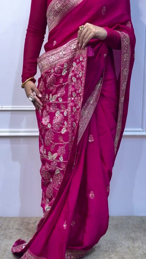 Embellished Bollywood Jacquard Pink  Ethnic Motifs Poly Printed Georgette Saree With Blouse - Image 2