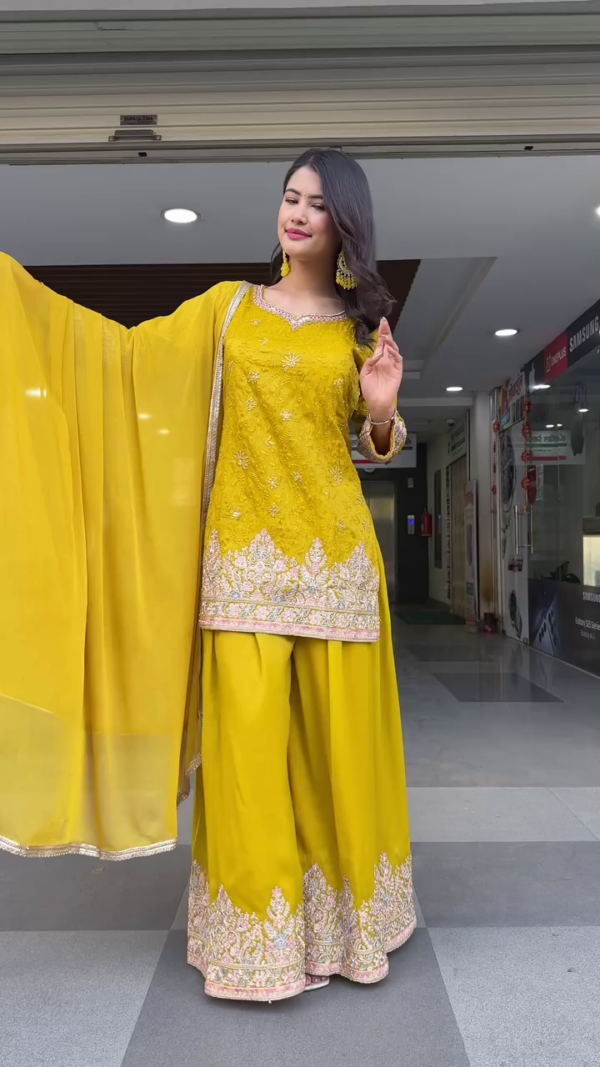 Mustard Yellow Embroidered Georgette Straight Kurti with Matching Palazzo Pants and Dupatta – Intricate Thread and Sequin Work, Festive and Wedding Wear Ethnic Set for Women - Image 2