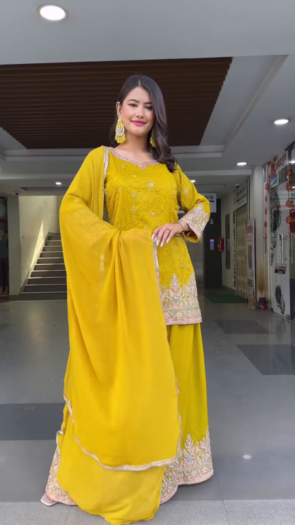 Mustard Yellow Embroidered Georgette Straight Kurti with Matching Palazzo Pants and Dupatta – Intricate Thread and Sequin Work, Festive and Wedding Wear Ethnic Set for Women