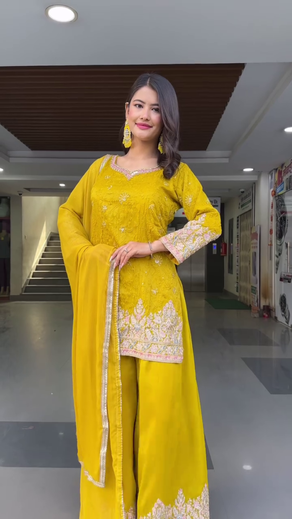 Mustard Yellow Embroidered Georgette Straight Kurti with Matching Palazzo Pants and Dupatta – Intricate Thread and Sequin Work, Festive and Wedding Wear Ethnic Set for Women - Image 3