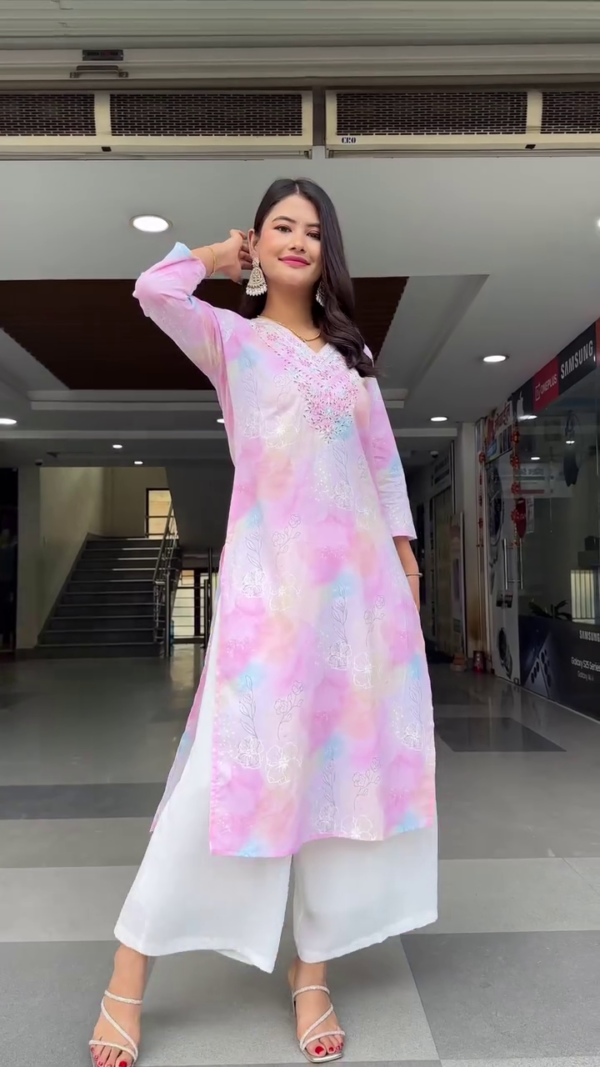 Women's Ethnic Kurti Set Featuring Soft Pastel Tie-Dye Prints in Blue and Pink, Intricate Embroidery on the Neckline, 3/4 Sleeves, Paired with Flowing White Palazzo Pants – Perfect for Festive, Casual, and Daily Wear - Image 2