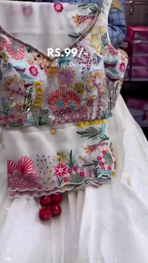 White Sleeveless Kids Party Wear Dress with Colorful Floral Embroidery, Matching Waist Belt, Decorative Tassels, and Full Flared Net Skirt – Ideal for Weddings, Birthdays, and Festive Occasions - Image 2