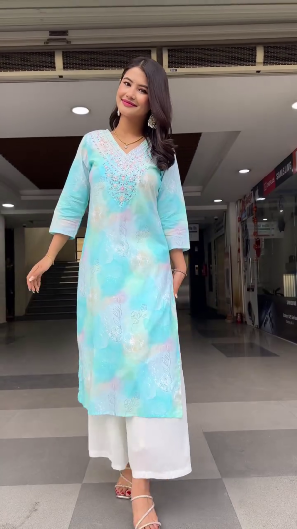 Women's Ethnic Kurti Set Featuring Soft Pastel Tie-Dye Prints in Blue and Pink, Intricate Embroidery on the Neckline, 3/4 Sleeves, Paired with Flowing White Palazzo Pants – Perfect for Festive, Casual, and Daily Wear - Image 3