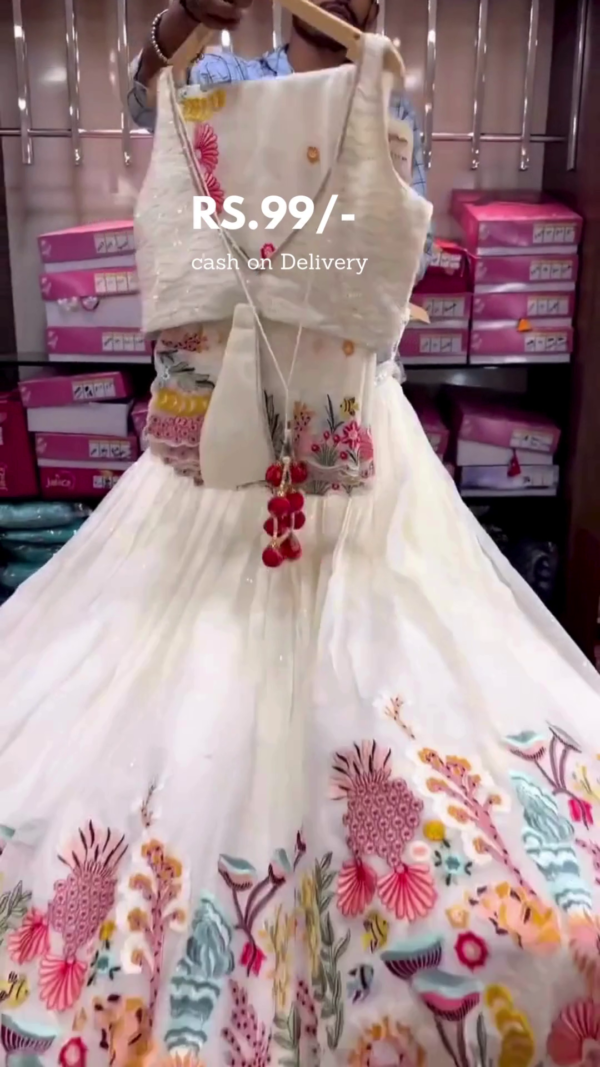 White Sleeveless Kids Party Wear Dress with Colorful Floral Embroidery, Matching Waist Belt, Decorative Tassels, and Full Flared Net Skirt – Ideal for Weddings, Birthdays, and Festive Occasions - Image 3