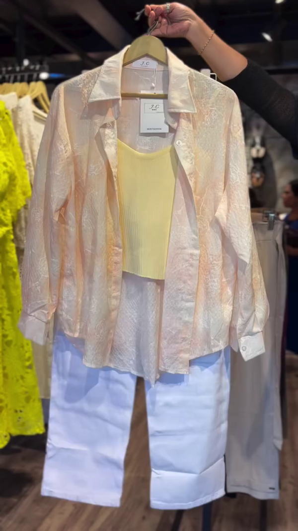Sheer Peach Textured Long Sleeve Shirt with Yellow Ribbed Inner Tank Top Paired with White High-Waisted Straight-Leg Denim Jeans – Casual Chic Layered Outfit for Effortless Everyday Style