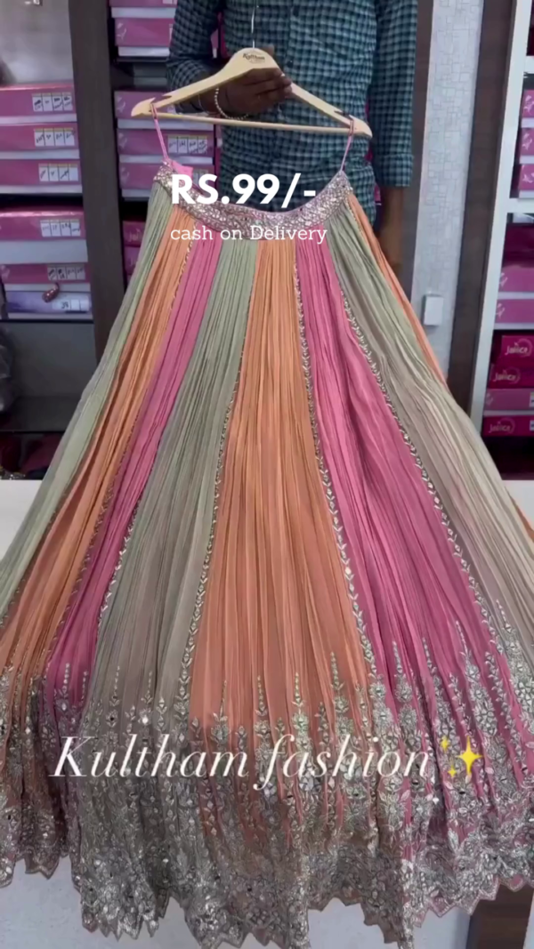 Multicolor Pleated Lehenga with Heavy Mirror and Thread Embroidery Work Paired with Intricately Embellished Designer Blouse