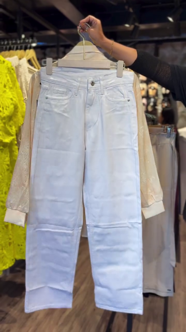 Sheer Peach Textured Long Sleeve Shirt with Yellow Ribbed Inner Tank Top Paired with White High-Waisted Straight-Leg Denim Jeans – Casual Chic Layered Outfit for Effortless Everyday Style - Image 2
