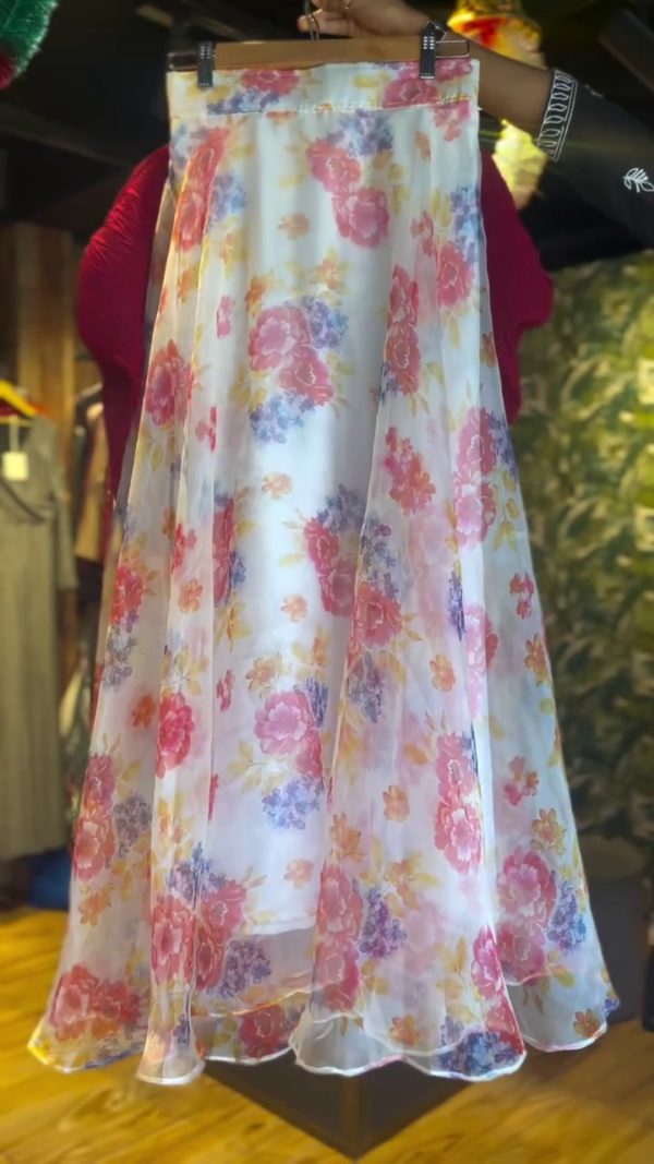 Red Crinkled Top with Flowing White Floral A-Line Skirt – Two-Piece Outfit Featuring Vibrant Multicolor Blossom Print and Lightweight Sheer Overlay for a Graceful, Feminine Look - Image 3