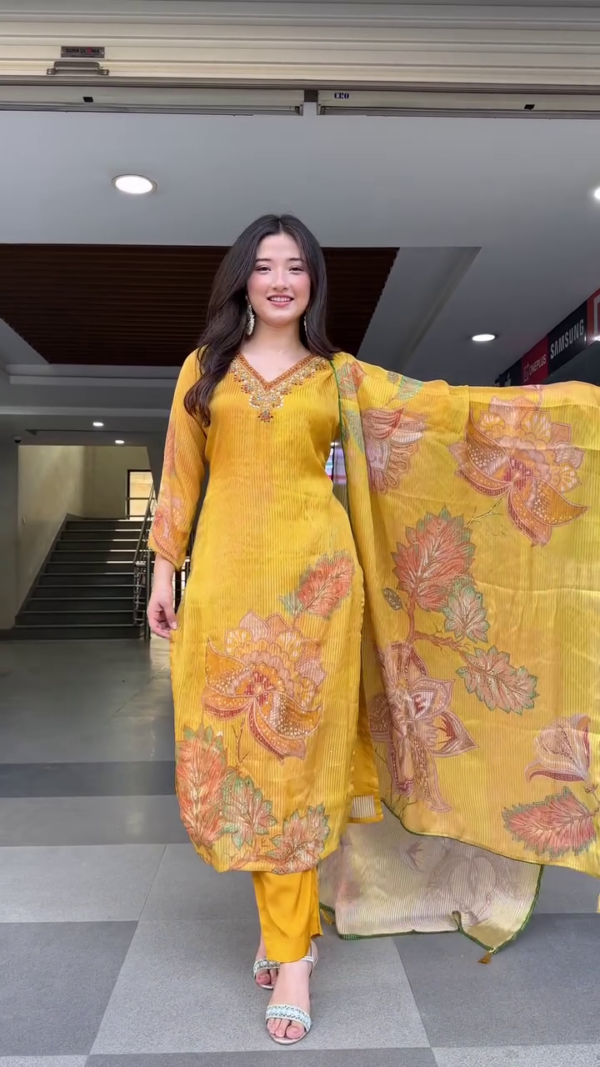 Mustard Yellow Floral Printed Straight-Cut Kurta Set with Embroidered Neckline and Coordinated Dupatta – Traditional Ethnic Wear for Women - Image 2