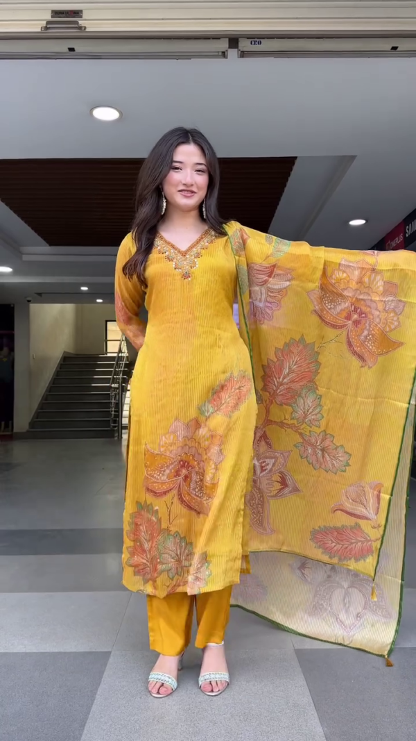 Mustard Yellow Floral Printed Straight-Cut Kurta Set with Embroidered Neckline and Coordinated Dupatta – Traditional Ethnic Wear for Women