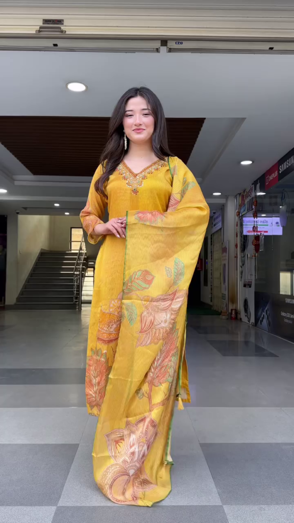 Mustard Yellow Floral Printed Straight-Cut Kurta Set with Embroidered Neckline and Coordinated Dupatta – Traditional Ethnic Wear for Women - Image 3