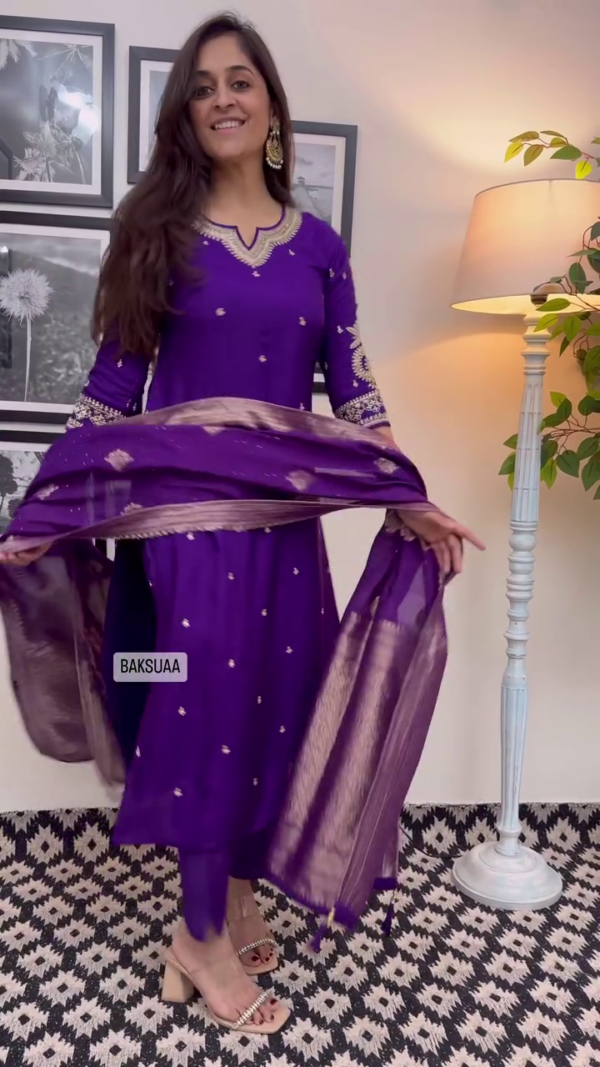 Royal Purple Embroidered Straight-Cut Suit Set with Intricate Mirror Work, Zari Detailing, and Contrasting Banarasi Dupatta Perfect for Festive and Traditional Occasions