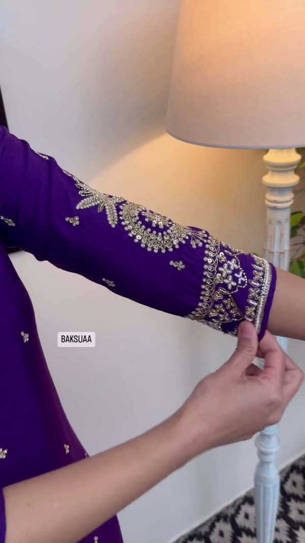 Royal Purple Embroidered Straight-Cut Suit Set with Intricate Mirror Work, Zari Detailing, and Contrasting Banarasi Dupatta Perfect for Festive and Traditional Occasions - Image 2