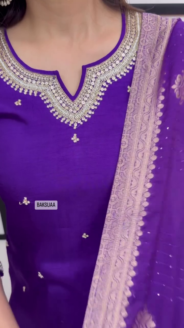 Royal Purple Embroidered Straight-Cut Suit Set with Intricate Mirror Work, Zari Detailing, and Contrasting Banarasi Dupatta Perfect for Festive and Traditional Occasions - Image 3