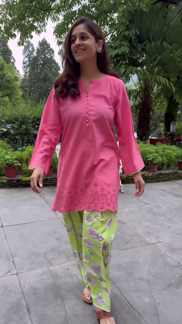 Summer Cotton Suit Set for Women Featuring a Bright Pink Embroidered Kurti with Scalloped Hem and Button Detailing, Paired with Vibrant Lime Green Floral Printed Pants – Perfect for Casual and Festive Wear - Image 2