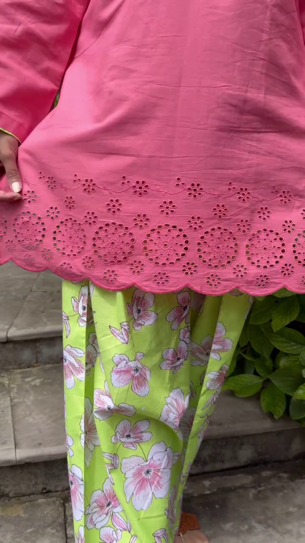 Summer Cotton Suit Set for Women Featuring a Bright Pink Embroidered Kurti with Scalloped Hem and Button Detailing, Paired with Vibrant Lime Green Floral Printed Pants – Perfect for Casual and Festive Wear - Image 3