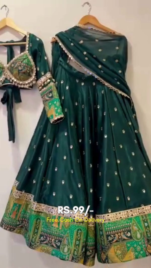 Traditional Dark Green Embroidered Lehenga Choli Set with Mirror Work and Printed Border, Paired with Coordinated Dupatta – Perfect for Weddings, Festivals, and Special Occasions