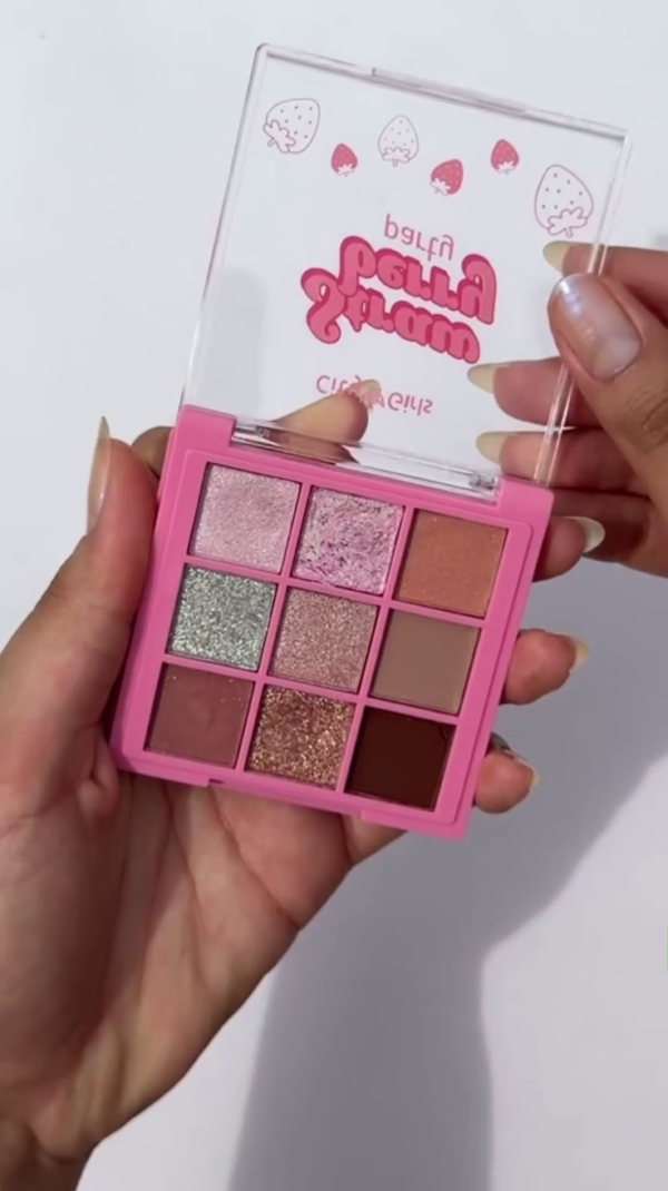 Strawberry-Themed 9-Color Shimmer and Matte Eyeshadow Palette with High-Pigment Pink, Rose, and Bronze Tones for Everyday to Glam Looks – Blendable, Long-Lasting, and Travel-Friendly Compact Design