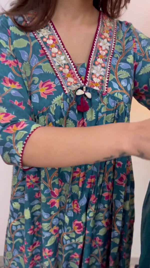 Elegant Teal Blue Floral Printed Straight Kurta Set with Intricate Mirror and Shell Detailing on the Neckline, Paired with Matching Pants and Lightweight Dupatta – A Perfect Ethnic Ensemble for Festive and Casual Occasions - Image 3