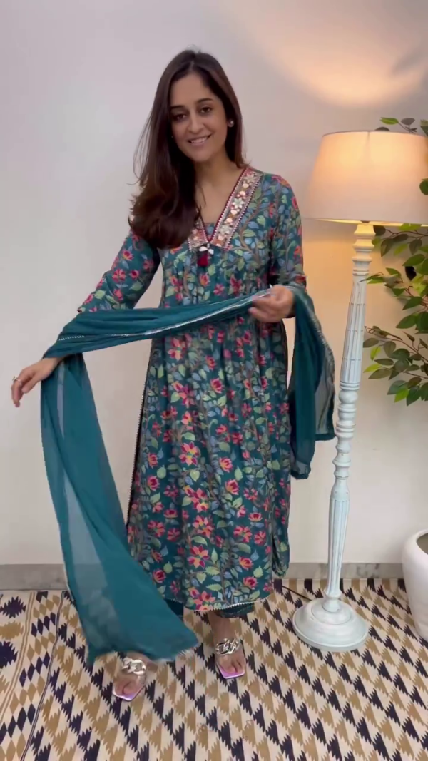 Elegant Teal Blue Floral Printed Straight Kurta Set with Intricate Mirror and Shell Detailing on the Neckline, Paired with Matching Pants and Lightweight Dupatta – A Perfect Ethnic Ensemble for Festive and Casual Occasions - Image 2