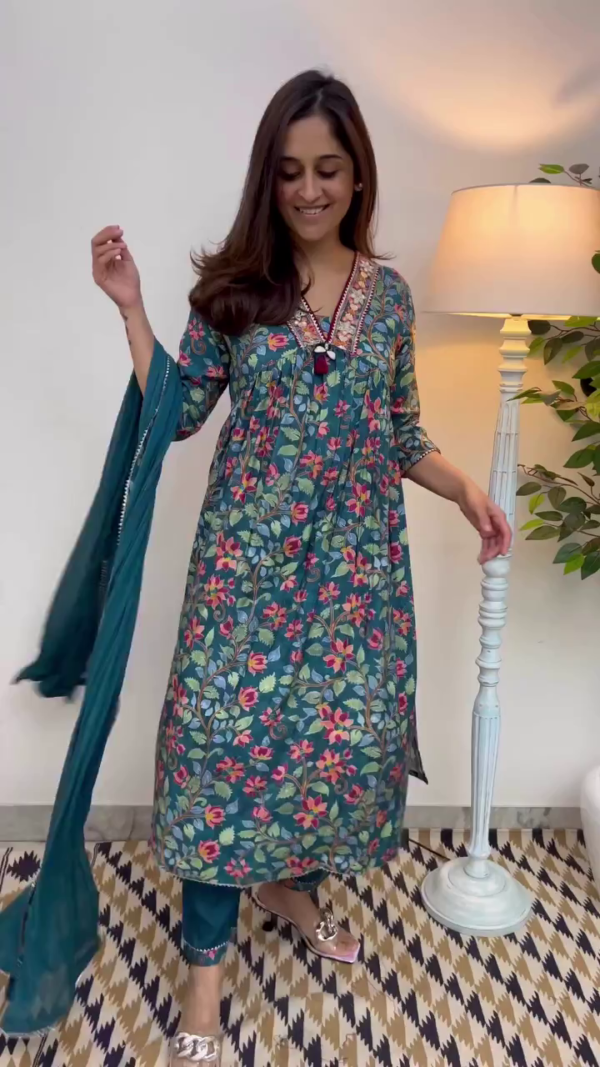 Elegant Teal Blue Floral Printed Straight Kurta Set with Intricate Mirror and Shell Detailing on the Neckline, Paired with Matching Pants and Lightweight Dupatta – A Perfect Ethnic Ensemble for Festive and Casual Occasions