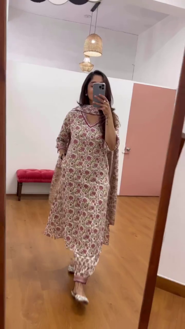 Elegant Handblock Printed Cotton Suit Set with Floral Motifs Featuring a Soft Pink and Olive Color Palette, V-Neck Kurta with Intricate Embroidered Detailing, Comfortable Matching Bottoms, and Lightweight Dupatta – Perfect for Everyday Ethnic Wear with Hidden Side Pockets for Utility and Style