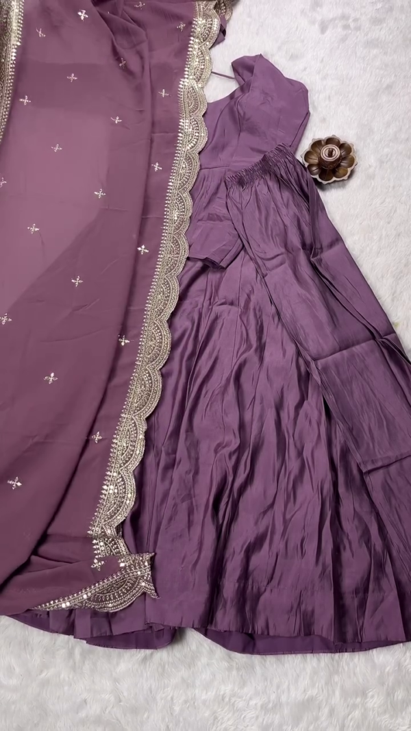 Stylish Multi-Color Satin Anarkali Gown Set with Elegant Back Tie Detailing and Matching Dupatta – Soft and Flowing Fabric Perfect for Festive, Party, and Traditional Occasions - Image 3