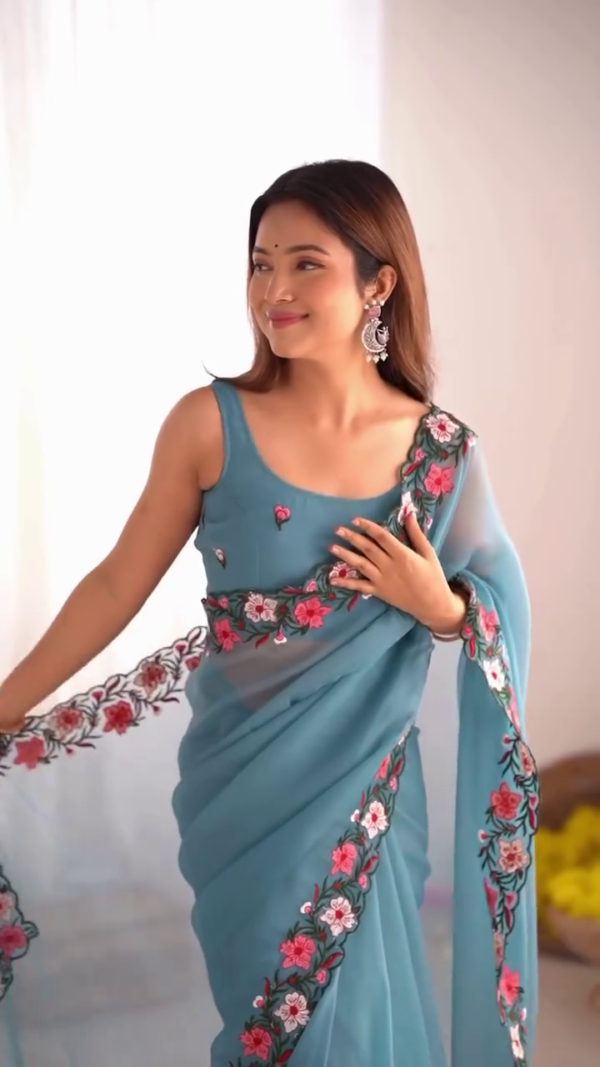 Sky Blue Georgette Saree with Intricate Multicolor Floral Embroidery Border and Matching Designer Blouse  Perfect for Festive Occasions, Weddings, and Traditional Celebrations - Image 2