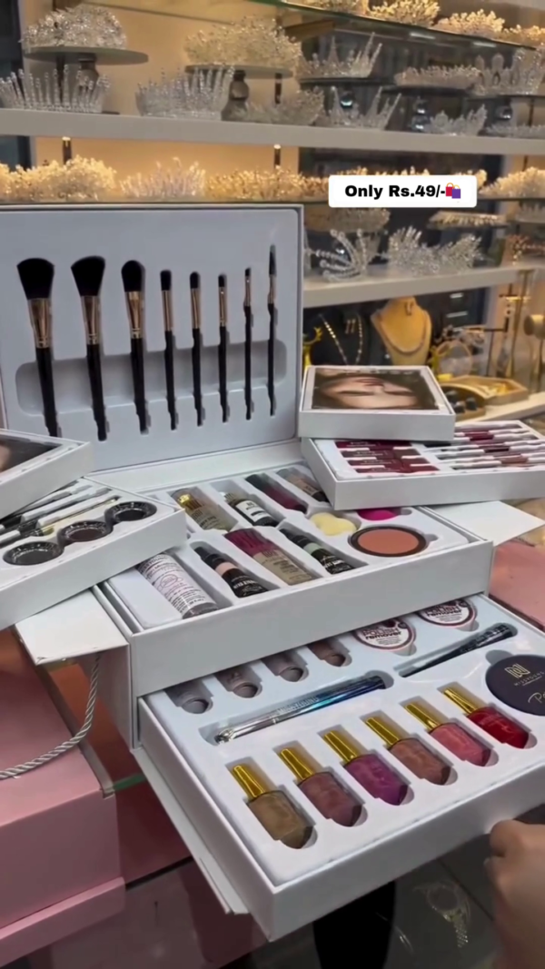 All-in-One Premium Makeup Kit with Brushes, Lipsticks, Eyeshadows, Foundations, Nail Polishes, Serums, Highlighters, Removers, and Beauty Tools for Complete Face and Nail Glamour