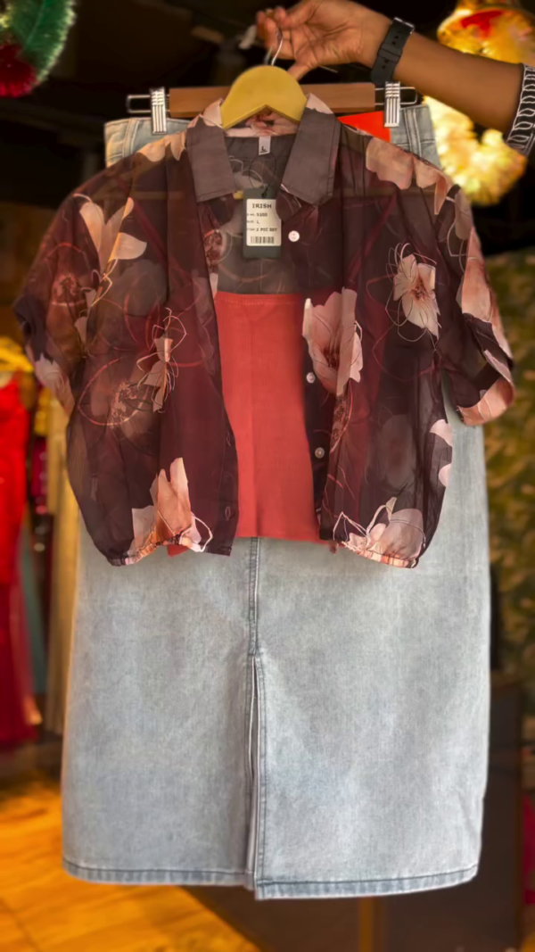 Stylish Two-Piece Casual Set Featuring a Sheer Floral Printed Button-Down Shirt with Inner Crop Top Paired with a Light Blue High-Waist Denim Skirt – Trendy Everyday Wear for Modern Women