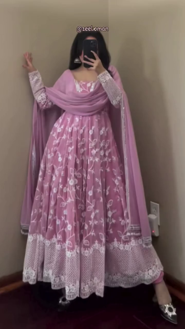 Mauve Pink Floral Embroidered Anarkali Suit with Net Dupatta and Full Sleeves, Traditional Indian Ethnic Wear for Weddings, Festivals, and Special Occasions