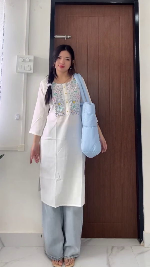 Women's Casual Cotton Straight Kurti Combo with Embroidered Light Weight Floral Black Block Print Multiple Styles – Paired with Wide-Leg Denim Jeans Daily Wear Ethnic Fusion Outfit