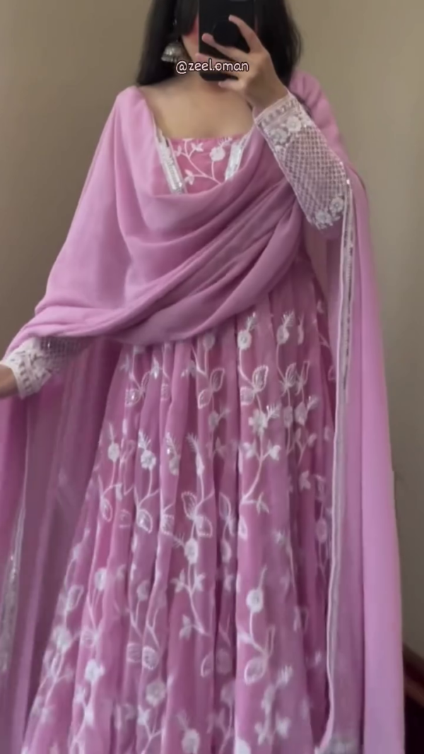 Mauve Pink Floral Embroidered Anarkali Suit with Net Dupatta and Full Sleeves, Traditional Indian Ethnic Wear for Weddings, Festivals, and Special Occasions - Image 2