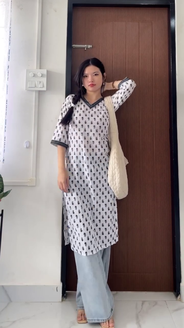 Women's Casual Cotton Straight Kurti Combo with Embroidered Light Weight Floral Black Block Print Multiple Styles – Paired with Wide-Leg Denim Jeans Daily Wear Ethnic Fusion Outfit - Image 3