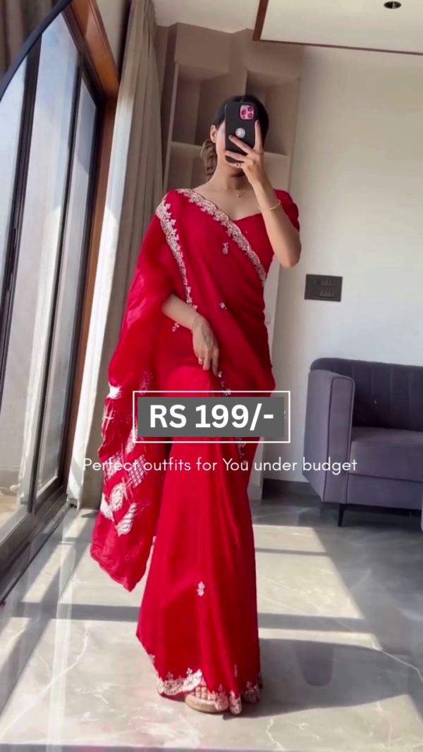 Graceful Red Designer Saree Featuring Exquisite Floral Embroidery and Traditional Bandhani Pallu – A Stunning Ethnic Outfit Ideal for Weddings, Festivals, and Celebrations, Perfect Blend of Elegance and Affordability for Every Woman