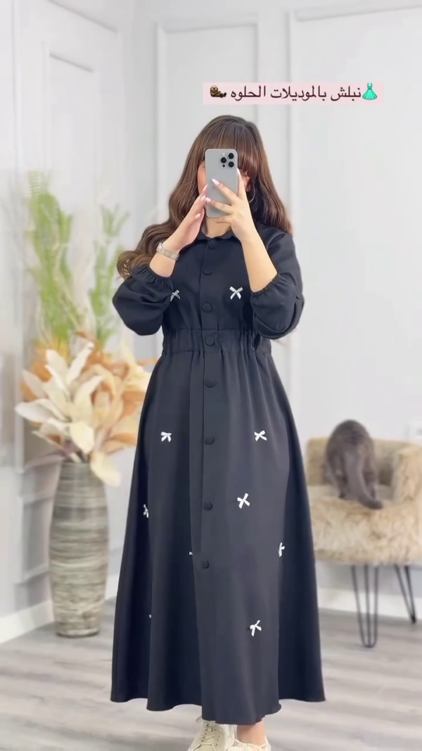 Long-Sleeve Button-Down Maxi Dress for Women with Cute Bow Embroidery, Featuring a Flattering Elastic Waist and Classic Collar – Available in Olive Green, Burgundy, Black, and Mocha Brown – Modest and Stylish Everyday Wear - Image 4