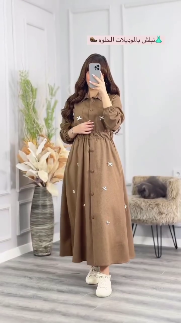 Long-Sleeve Button-Down Maxi Dress for Women with Cute Bow Embroidery, Featuring a Flattering Elastic Waist and Classic Collar – Available in Olive Green, Burgundy, Black, and Mocha Brown – Modest and Stylish Everyday Wear - Image 3