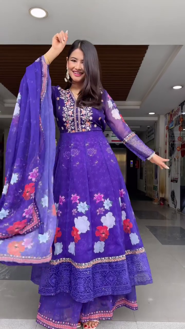 Purple Floral Embroidered Anarkali Suit with Sheer Net Sleeves, Intricate Sequin and Thread Work, Flowing Flared Hemline, and Matching Dupatta – Perfect for Festive, Wedding, or Party Wear - Image 2