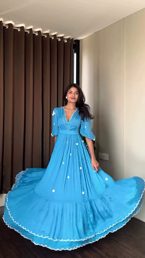 Elegant Women's Flowy Maxi Dresses – Sky Blue V-Neck Puff Sleeve Dress with White Embellishments & Yellow Halter-Neck Sleeveless Dress with Front Cutout – Lightweight, Twirl-Friendly, and Perfect for Summer or Casual Occasions