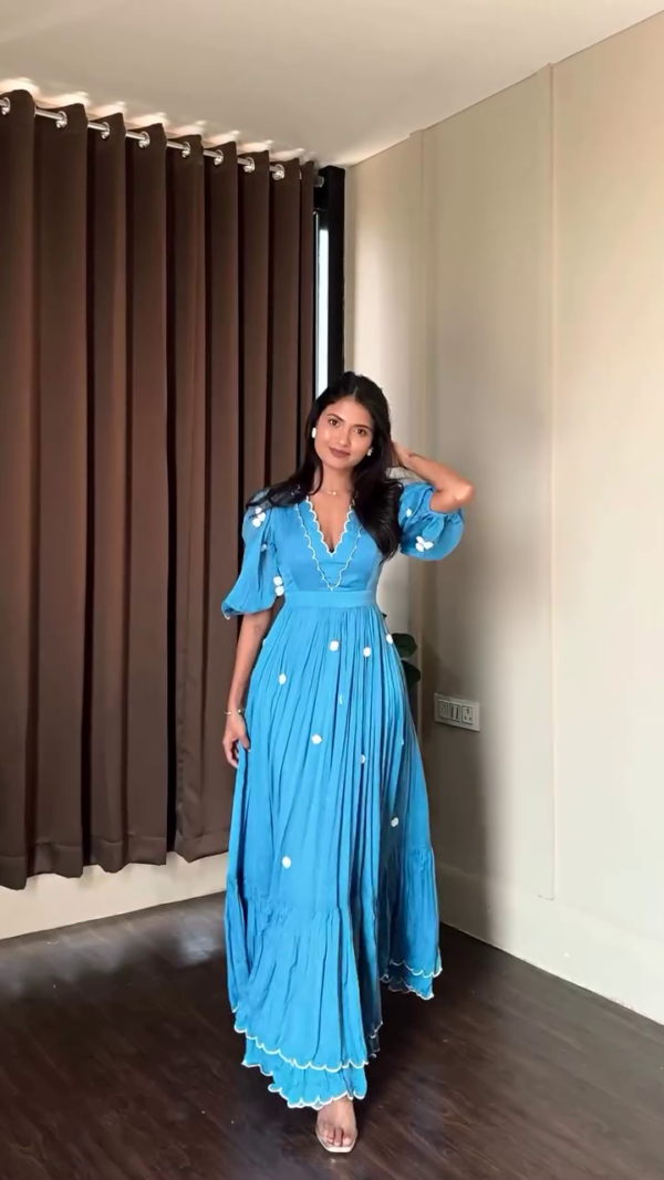 Elegant Women's Flowy Maxi Dresses – Sky Blue V-Neck Puff Sleeve Dress with White Embellishments & Yellow Halter-Neck Sleeveless Dress with Front Cutout – Lightweight, Twirl-Friendly, and Perfect for Summer or Casual Occasions - Image 2