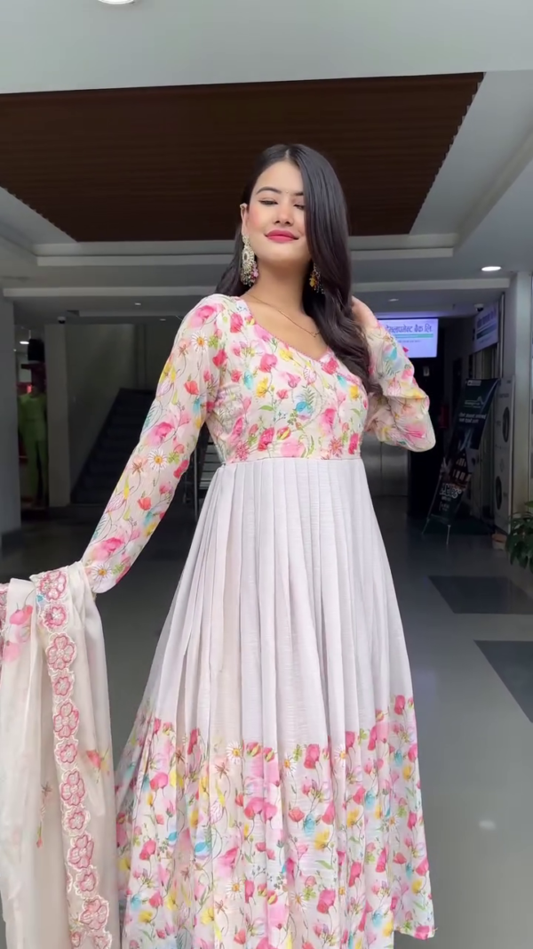 Floral Printed Anarkali Suit with Full Sleeves, Matching Dupatta, and Flared Hem – Ideal for Festive, Casual, or Traditional Occasions - Image 2